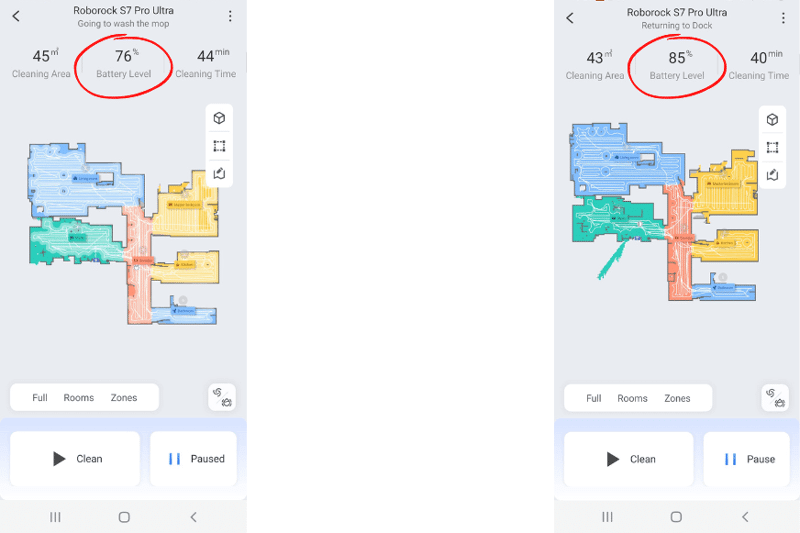 The picture shows how the battery performance of the Roborock S7 Pro Ultra behaves at different cleaning settings.